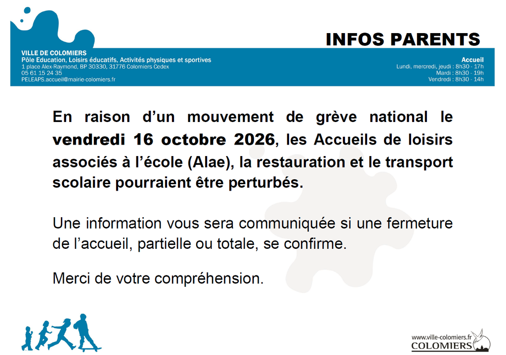 Grève 16 octobre 2026: L'ALAE sera fermée matin, midi et soir: pas de restauration ni de ramassage scolaire